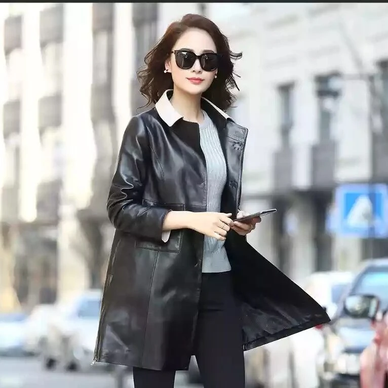 Повседневная кожаная одежда женское длинное пальто куртка из овечьей кожи с