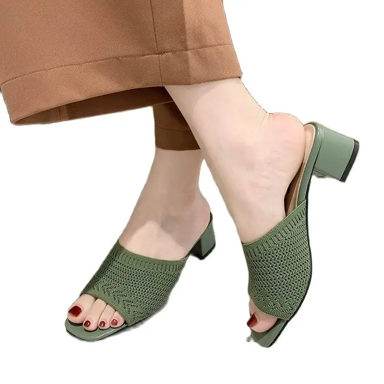 2020 Summer Sandals Women Shoes Women Mules Slides Peep Toe Square High Heels Sandals Female Shoe Casual Square Heel #SJPAE-159