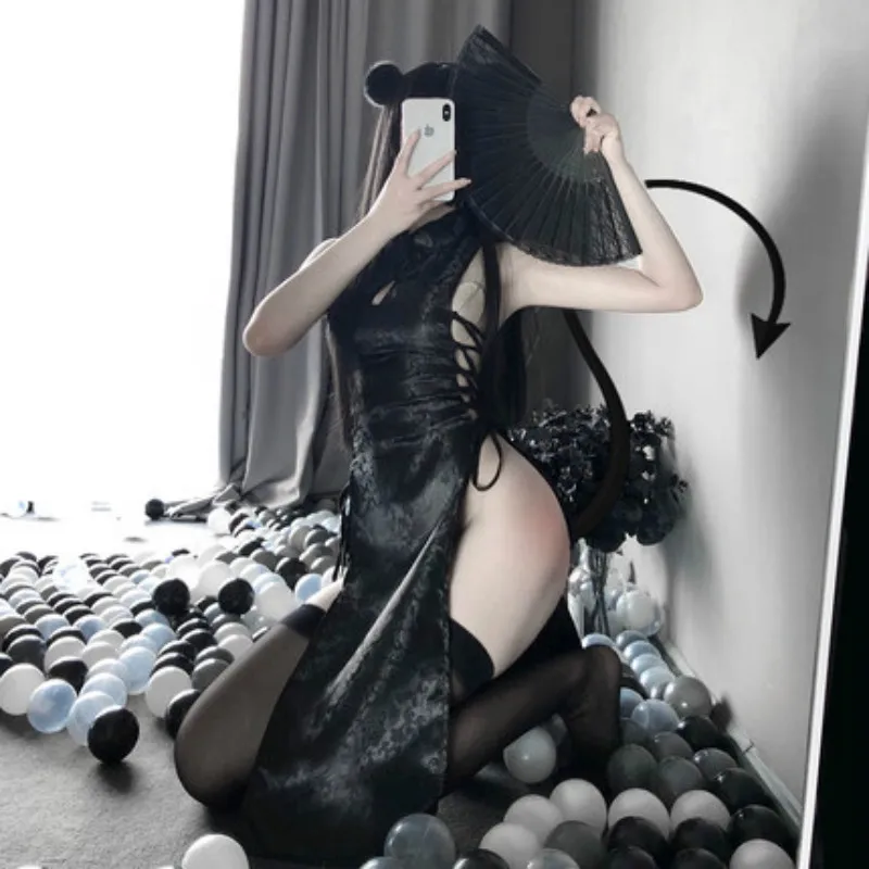 

Женская сексуальная юбка для секса, соблазнительное платье-чосам на шнуровке в стиле ретро, прозрачное Клубное платье, эротическое белье, П...