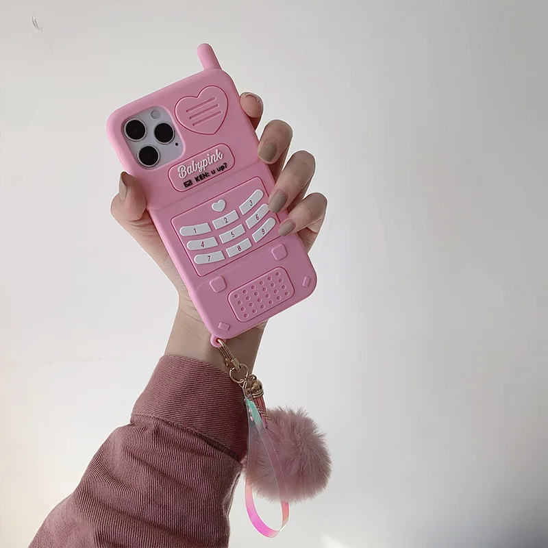 

Pink love phone shape mobile phone case For iphone12 12pro max Cover for iphone11 pro max XS XR 7 8 Plus with hair ball pendant