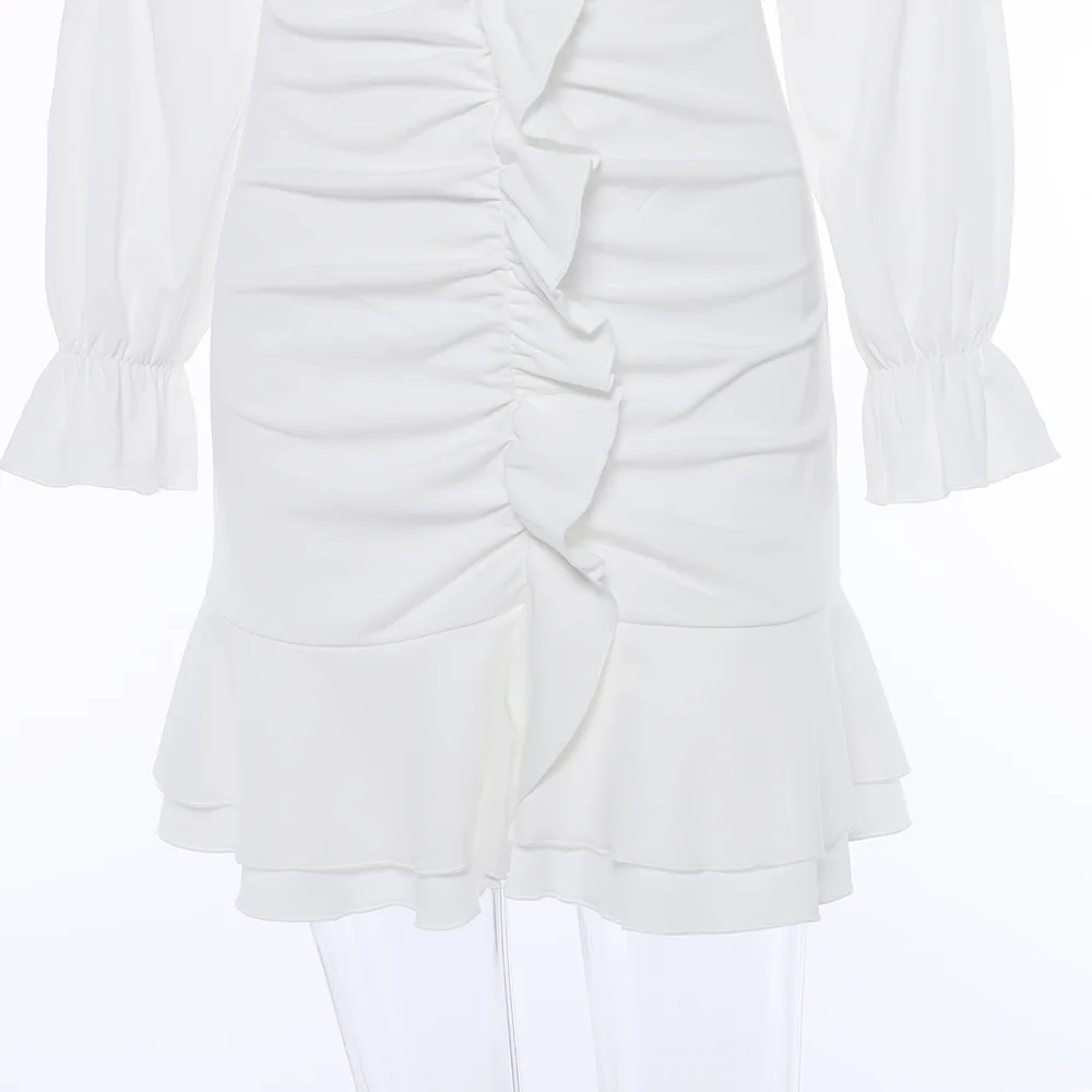 

Spring Summer Fall Women's Dress New Women Fashion Ruffle Puff Sleeve Sexy Hot Ladies Low-Cut Tight Female Club Party Mini Dress