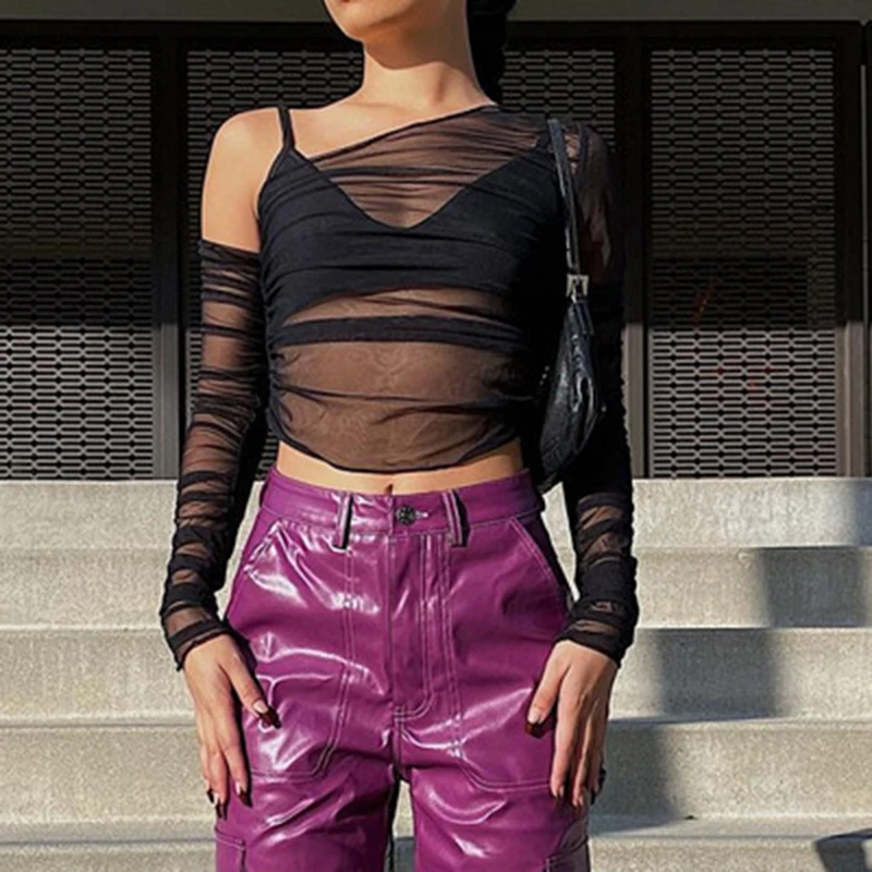 

WeiYao See Through Sexy Mesh T Shirt Irregular Collar Patchwork Chic Black Tops Women Rave Club Outfits