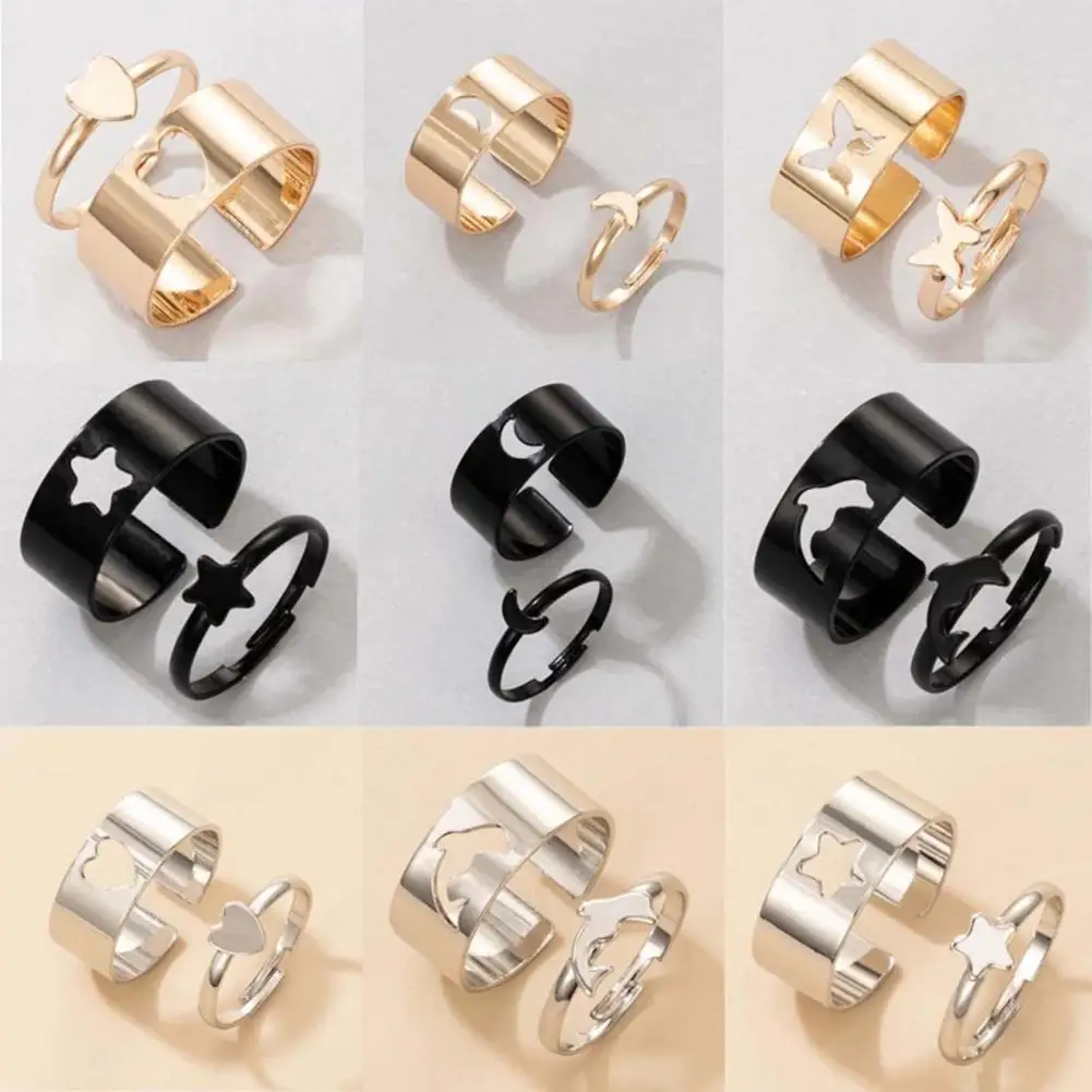 

2Pcs/Set Adjustable Couple Rings Heart/Moon/Star/Dolphin Shape Jewelry Creative Exquisite Open Rings for Gifts