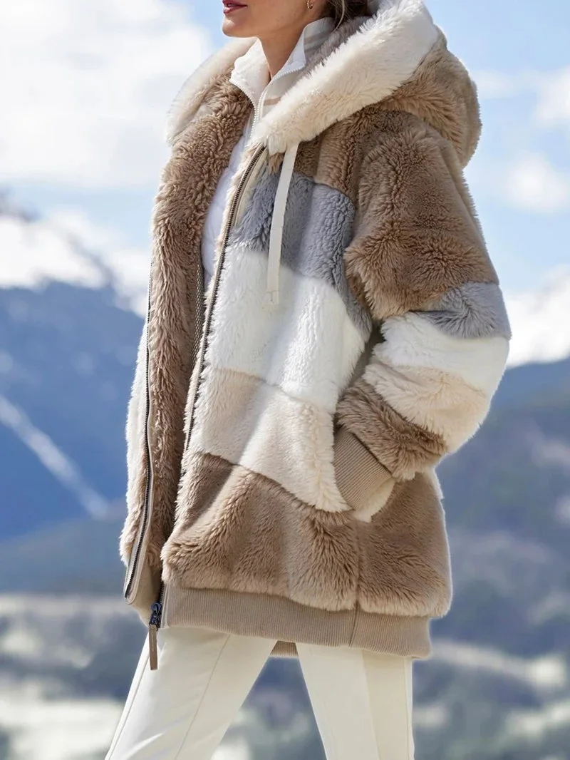

Autumn and winter women's plush multicolor stitching hooded fashion jacket autumn cashmere coat