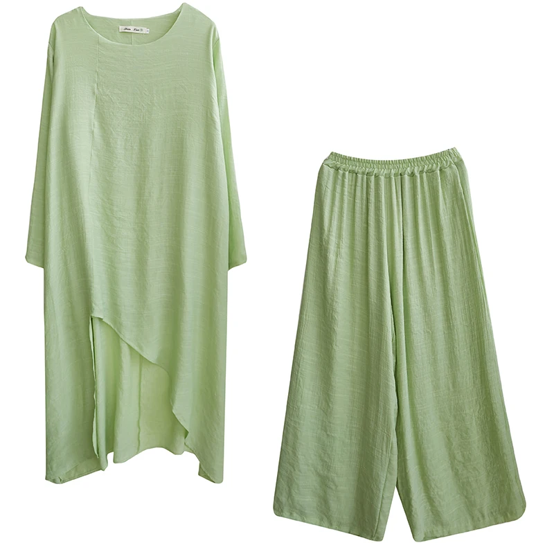 

Female Cotton And Linen Irregular Long Blouse Two Pieces Sets Plus Size Loose Wide Leg Pants Women's Tracksuit