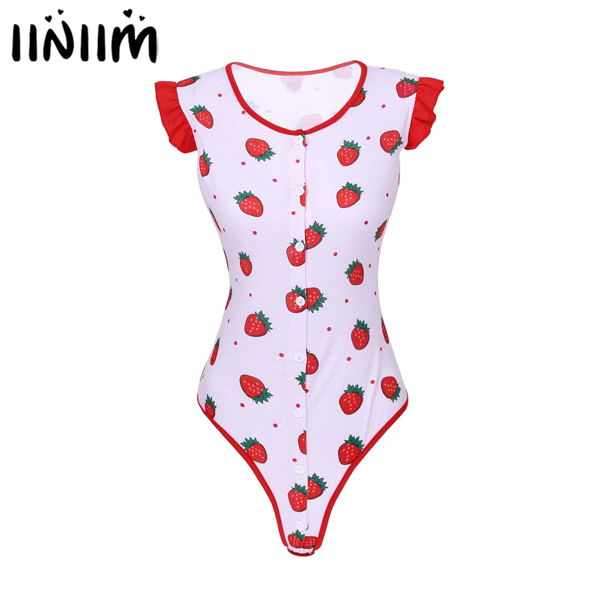 

Iiniim/для взрослых женщин Femme костюмы с клубникой одежда для ночного клуба, без рукавов, застежка на пуговицах, комбинезон, повседневная одежд...