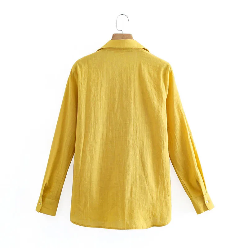 Блузка женская льняная в европейском стиле с длинными рукавами и карманами