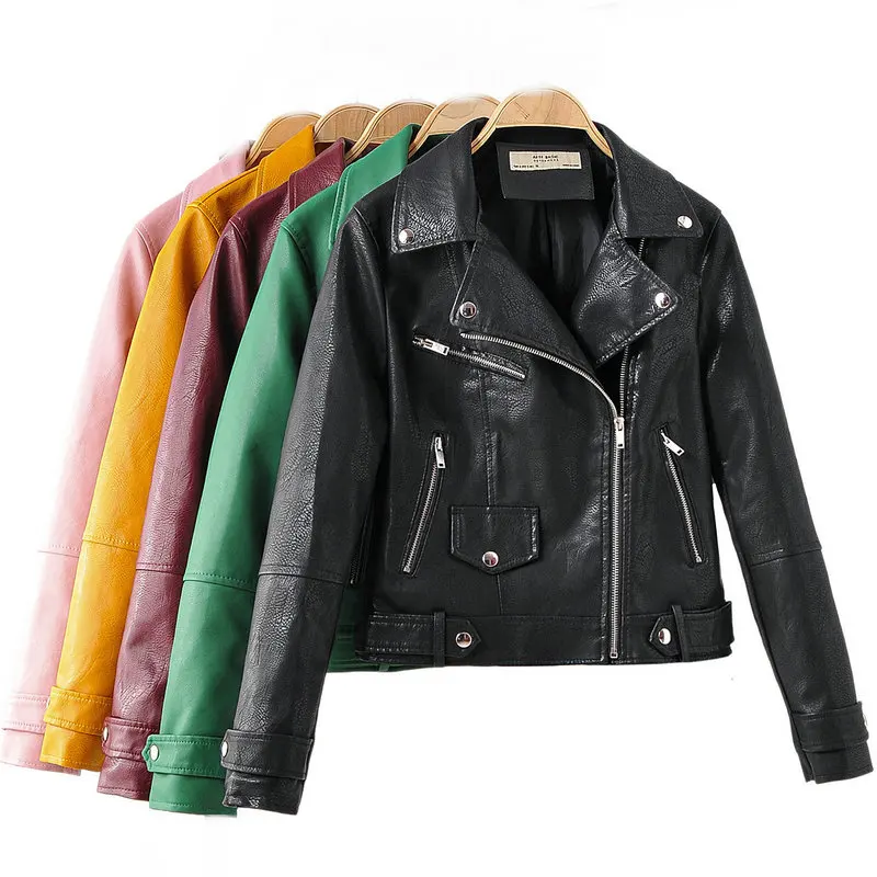 Женская куртка из искусственной кожи Байкерская Черная на молнии с карманами и