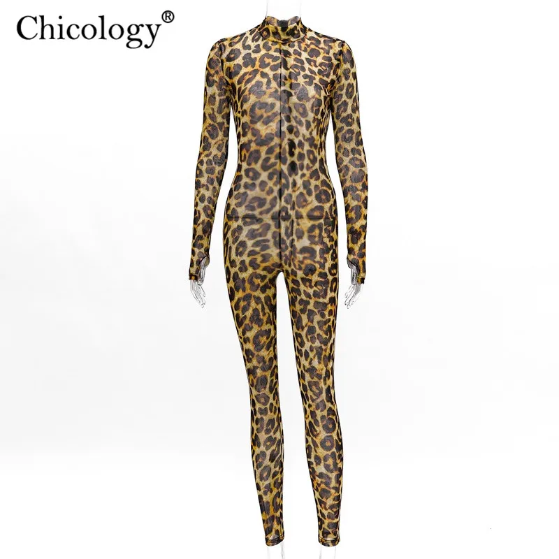 Женский сетчатый комбинезон с длинным рукавом леопардовым принтом| |