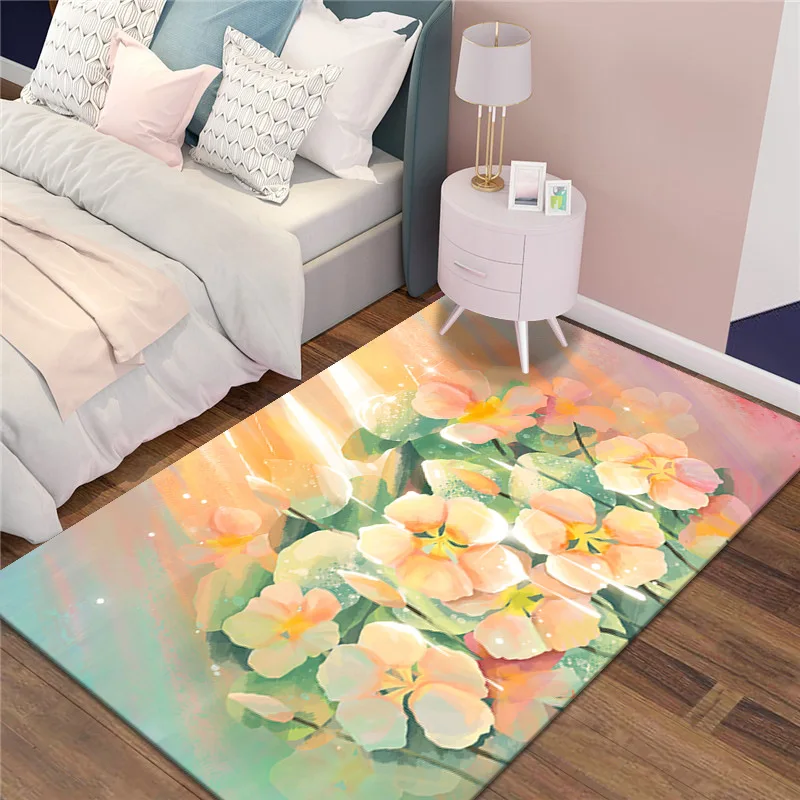 

Printed Flannel Area Rug Green Leaf Blue Flower Pattern Carpet Room Floor Printed Carpet For Living Room Bedroom & Home