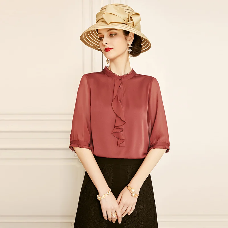 

Шелковая рубашка SHZQ, женская летняя тонкая рубашка, новинка 2021, красный топ с воротником-стойкой, модная рубашка из шелка тутового шелкопряд...