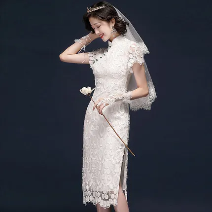 Китайское свадебное платье белое кружевное Ципао для невесты|qipao dress|cheongsam qipao