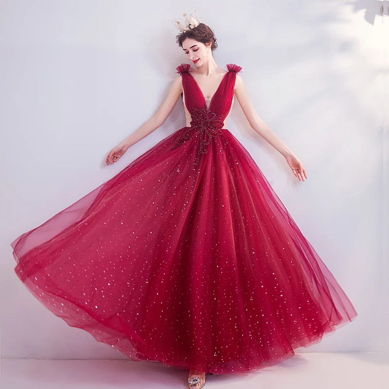 2020 New Fashion Wine Red A-line V-neck Tulle Crystal Beaded Vintage Elegant Evening Dresses Bride Banquet Party Prom Dress ND29 | Свадьбы и