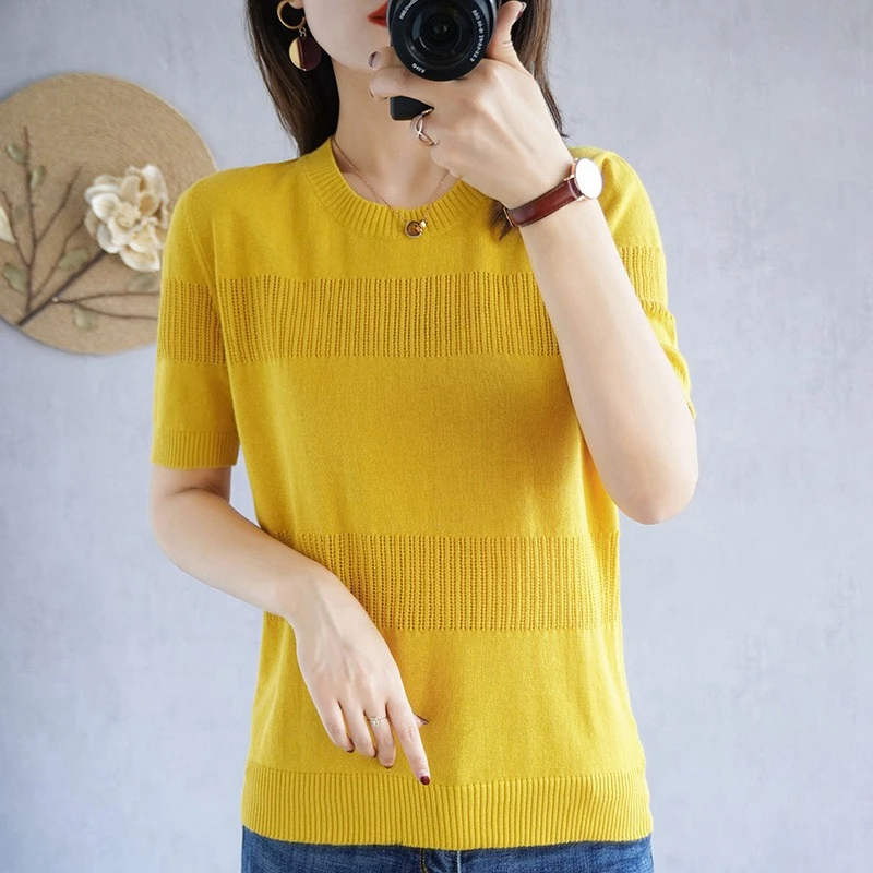 

Pure cotton T-shirt women 2021 new casual knitted sweater pure color plus size slim pullover Korean short-sleeved top