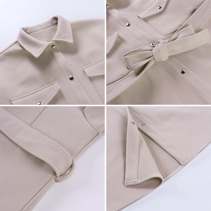

Autumn Winter Women'S Vintage Woolen Coat Chic Sashes Long Sleeve Elegant Shirt Jacket Female Tops