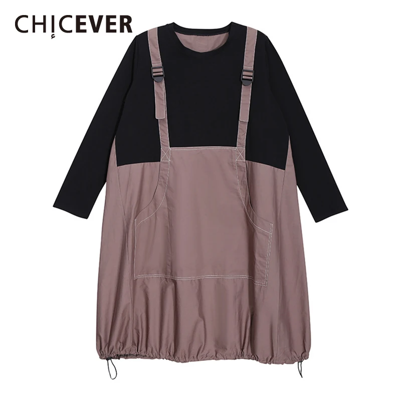 

CHICEVER повседневные свободные платья для женщин с круглым воротником и длинным рукавом, свободное платье средней длины, Женская корейская мо...