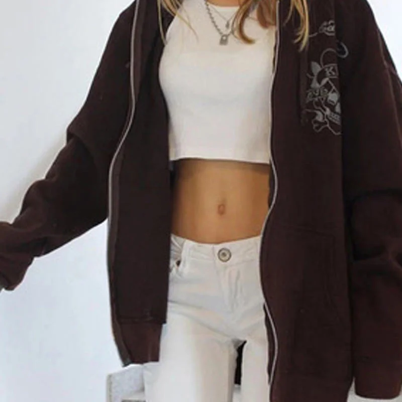 

Свитшот Y2K Goth, зимняя куртка, одежда, коричневый свитшот на молнии, Толстовка Оверсайз, Женский пуловер с длинным рукавом и карманами в стиле ...