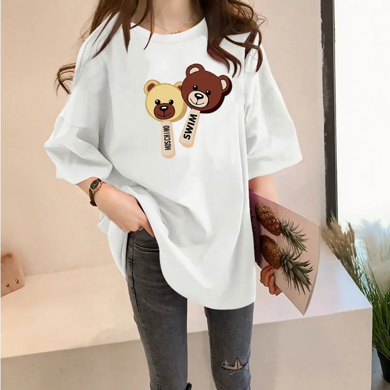 

Summer cartoon T-shirt cute bear short-sleeved T-shirt summer Harajuku lazy print mid-length oversized T-shirt girl