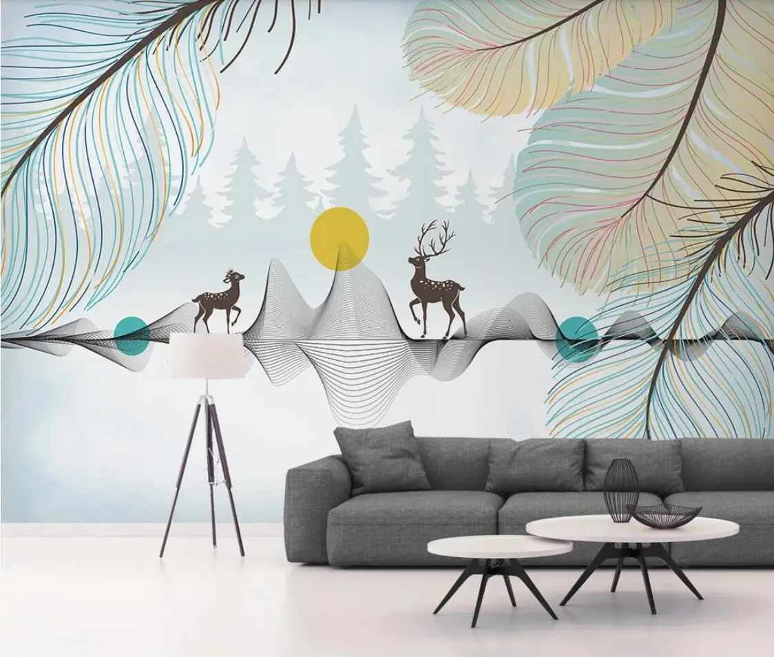 Настенная бумага с голубыми перьями абстрактная роспись большая фотобумага для