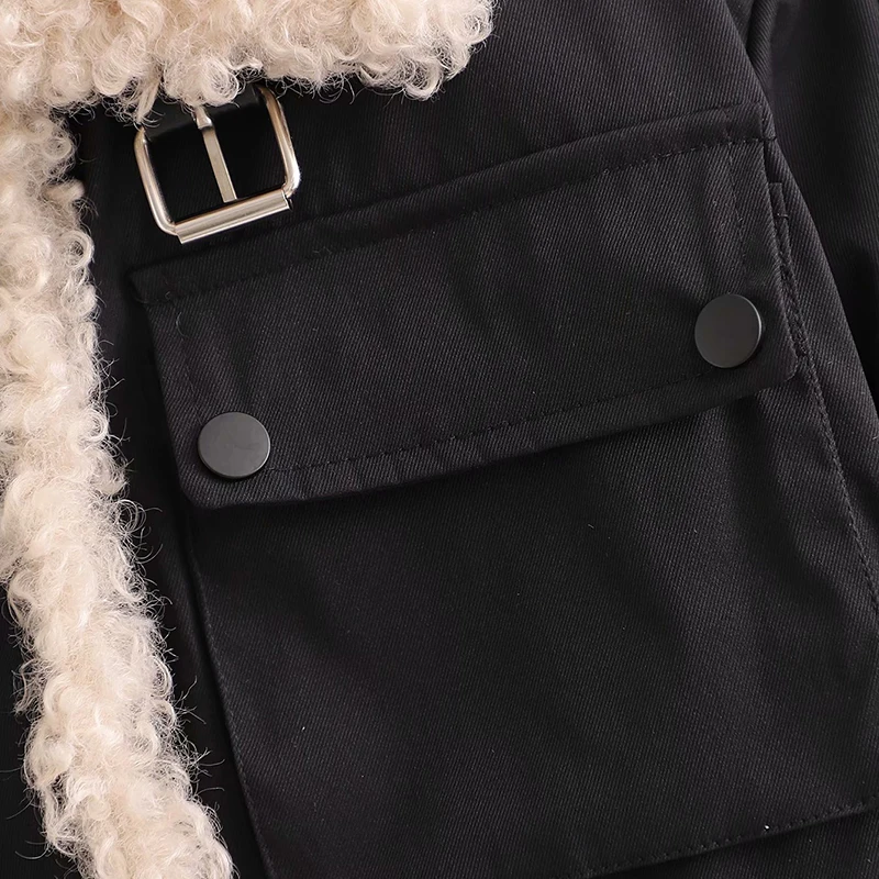 

Winter Thick Warm Jacket Coat Lapel Long Sleeves Vintage Lamb Wool Stitching Cotton Parkas Women's Fashion Long Loose Chic Femal