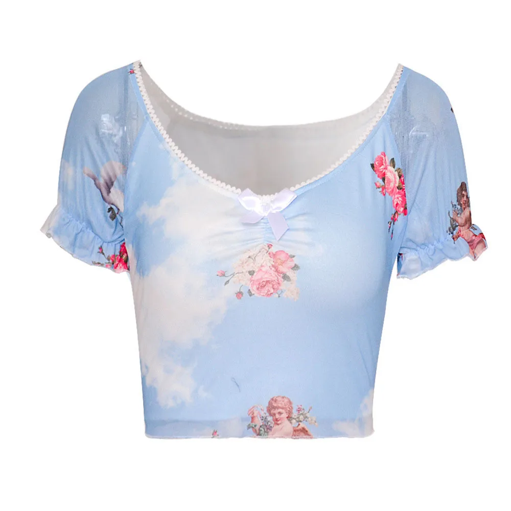 

Hot Women Short Sleeve Beach Sexy Summer Crop Top Angel Print Elastic Fashion Mesh Casual Slim Pleated V Neck Women T-shirt