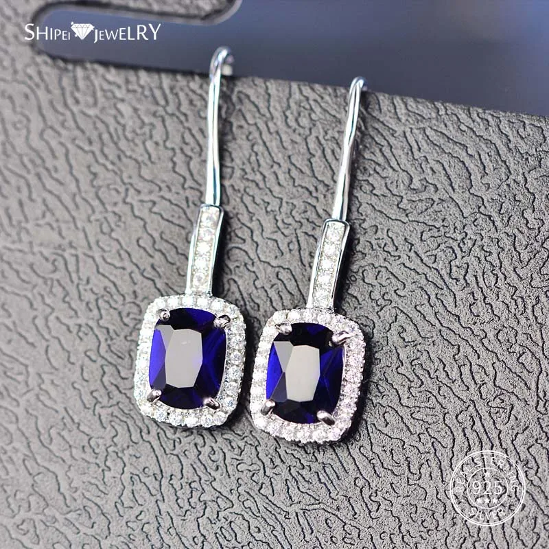 Sapphire Shipei 925 пробы Серебряные Ювелирные Украшения Розовый Желтый Сапфир Изумруд Рубин квадратные Висячие серьги для женщин подарок на день рождения - Цвет камня: Sapphire