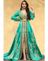 green moroccan caftan evening dresses luxury appliques long sleeve prom gowns muslim wedding party dress ev164