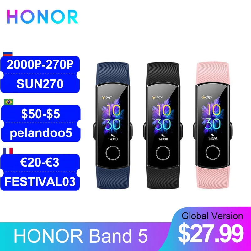 

Смарт-часы Honor Band 5, умный Браслет, измерение пульса, уровня кислорода в крови, сенсорный экран 0,97 дюйма, Amoled, водонепроницаемые