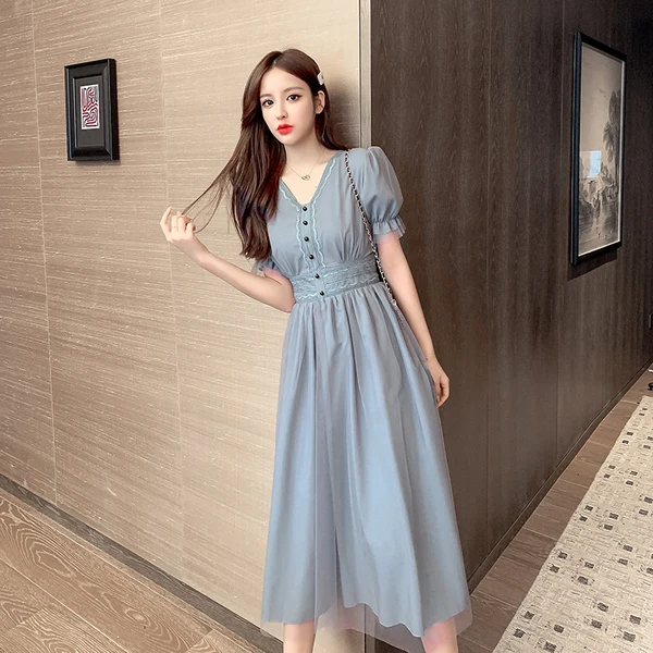 Fashion Sweet Mesh Single-breasted Dress 2020 Summer Women Lantern Sleeve V neck Luxury Slim Drapde Party Vestidos | Женская одежда