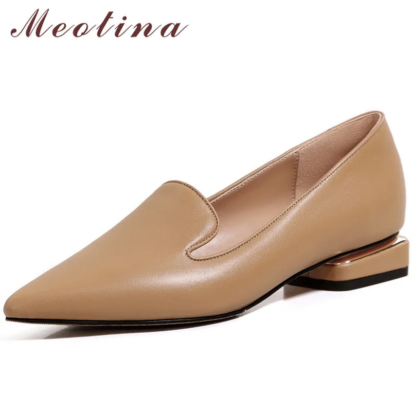

Meotina Natural Genuine Leather Low Heels Pointed Toe Women Shoes Shallow Thick Heel Ladies Footwear 2021 Spring Beige Size 40