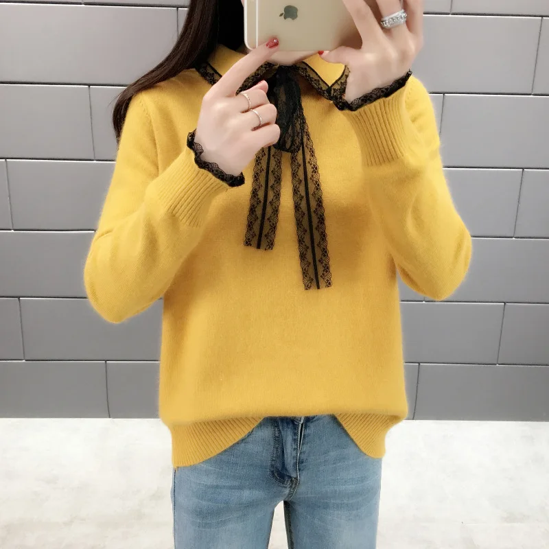 Винтажный осенний свободный свитер с отложным воротником для женщин 2021