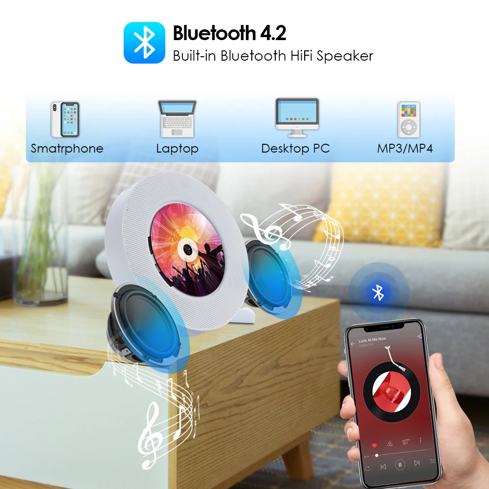 Qosea портативный настенный Bluetooth CD/DVD плеер USB светодиодный дисплей Hi Fi динамик