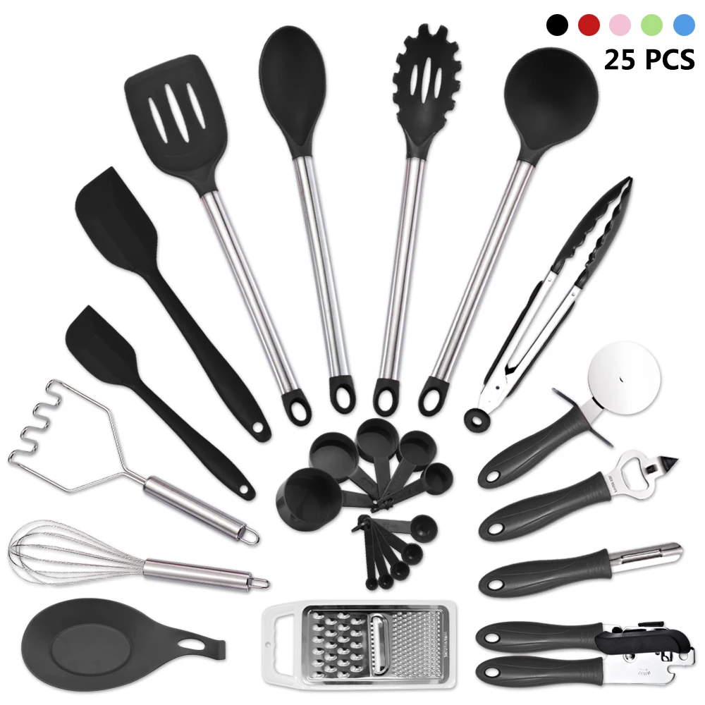 

25Pcs Nylon&Silicone Non-stick Cooking Utensils Tools Set Heat Resistant Spoon Spatula Kitchen Dinnerware Gadgets Accessories