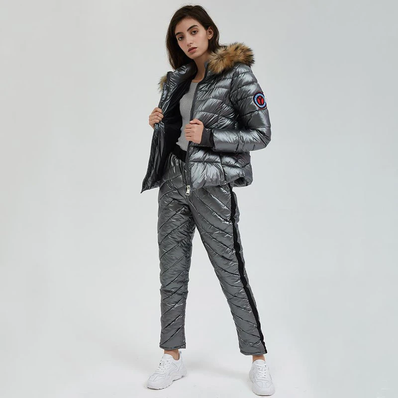 Cotton suit women's winter thick warm large fur collar hooded short cotton suit Slim two ski suits straight zipper sleeve