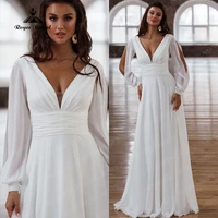simple long sleeves boho wedding dresses v neck sexy backless beach chiffon bridal gowns sweep train robe de soiree de mariage
