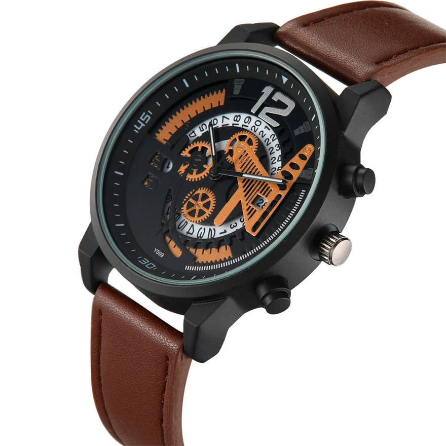 

Fashion Brand Watch Leather Casual Mens Watch Hollow Gear Calendar Wrist Watch For Men Relogio Masculino Clock Quartz Watch Hot