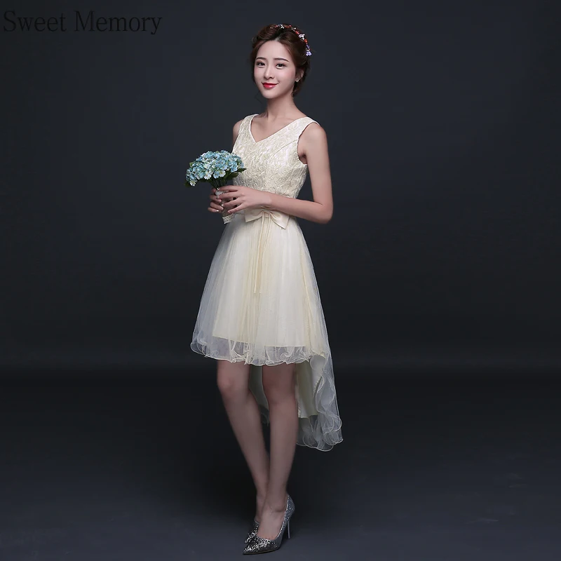 

A033 High Low Wedding Gown 2021 Girls White Bridesmaid Dresses Women Party Dress V-Neck Prom Graduation Vestidos Sweet Memory