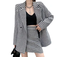 winter plaid double breasted long sleeve belt midi blazer jacket high waist mini skirt suit women tweed fashion two piece set