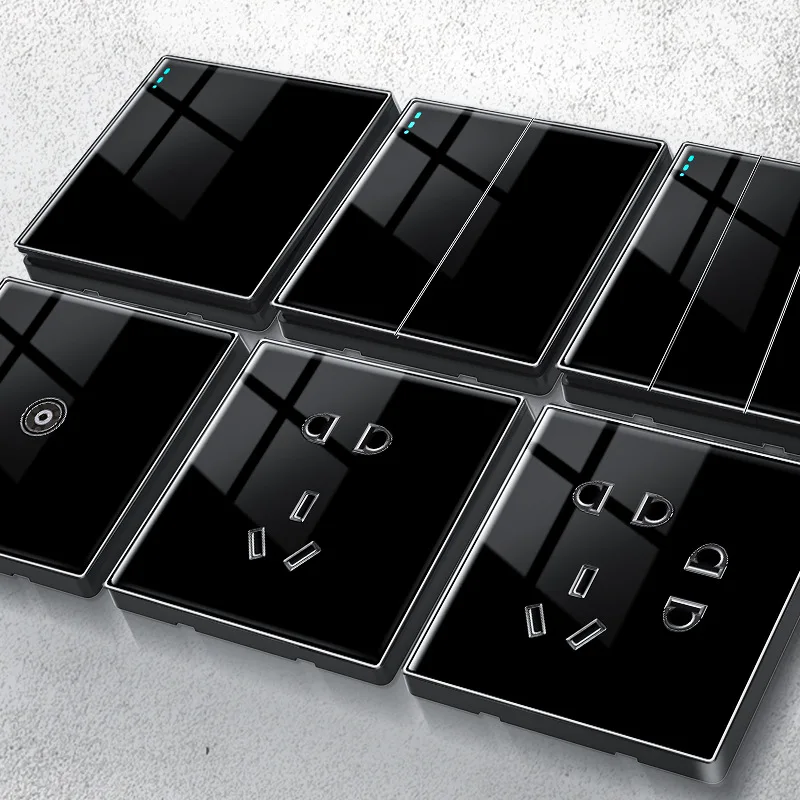 

250V 86mm 1/2/3/4 gang 1/2 way Black mirror acrylic flat panel concealed embedded wall switch weak current socket set YB