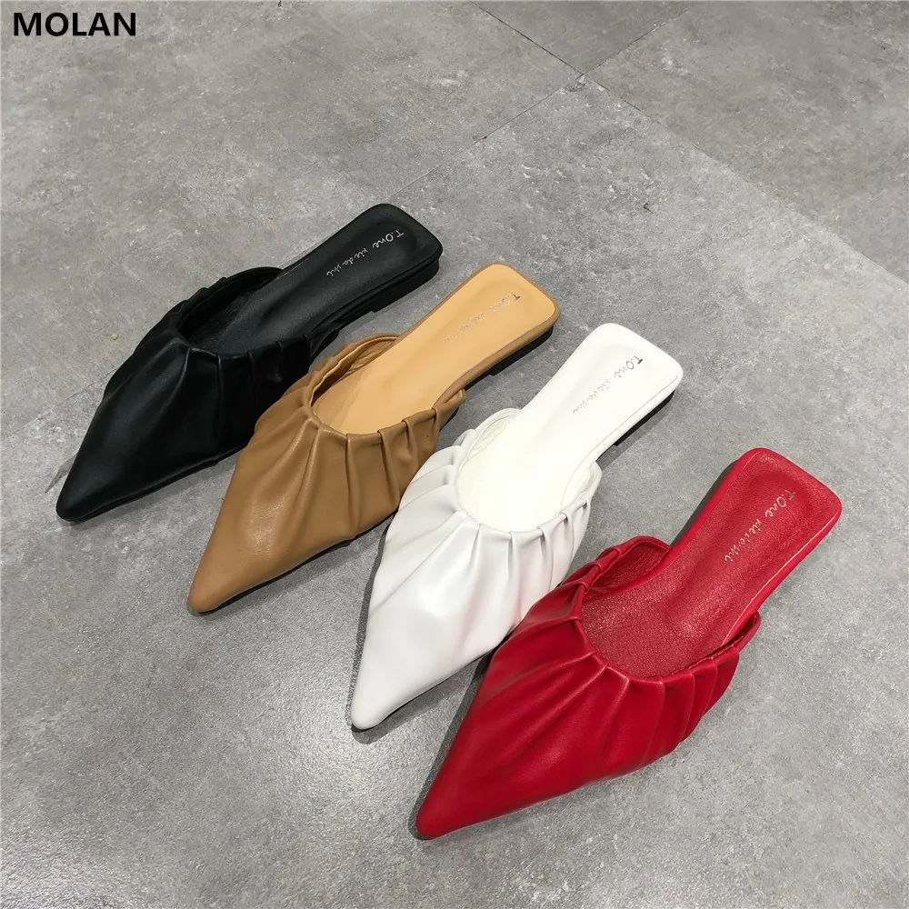 MOLAN Brand Designers 2020 Spring New Fashion Shallow Pleated Leather Point Shoes Flat Slippers Slip On Loafers Mules Flip Flops | Обувь