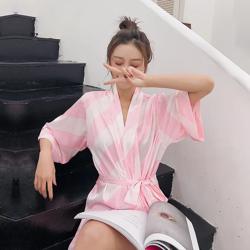 Милые розовые кимоно банный халат женский шелковые халаты летняя одежда для