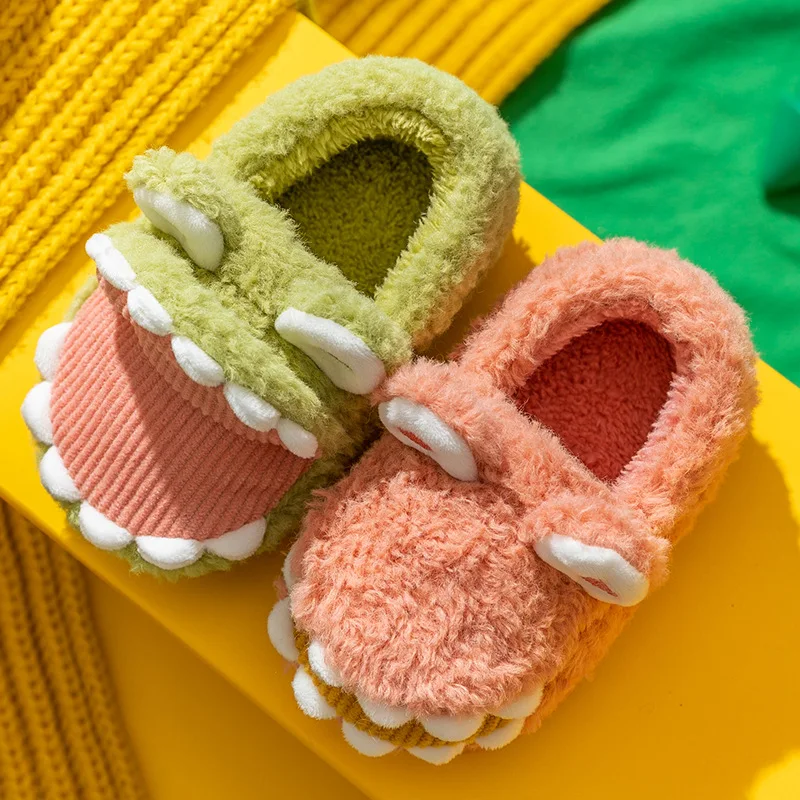 

2021 Winter Children's Cotton Slippers Boys and Girls Cute Cartoon Crocodile Hair Slippers Home Warm Baby Bag Heel Cotton Shoes