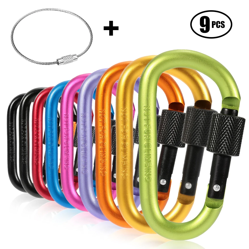 

9 Pack Aluminum Alloy D-ring Locking Carabiner Clip Keychain Set with Steel Wire Ring Outdoor Camping Hiking Equipment Tool