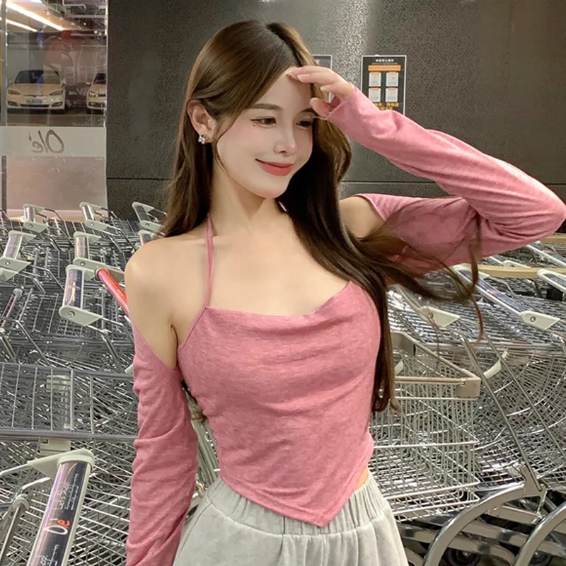 

Winter New Harbour Wind Sexy Hot Girl Asymmetrical Camis Halter Design + Ins Fashion All-match Trend Shawl Blouse Solid Outfit