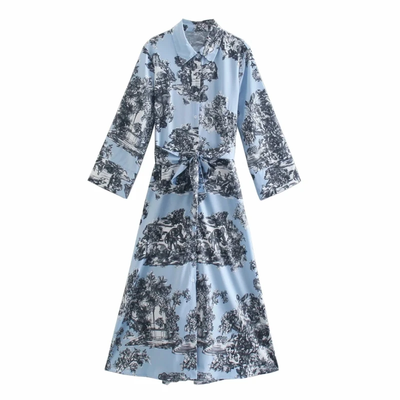 

Vogue Women Flower Printing Sashes Midi Shirt Dress Female Nine Quarter Sleeve Clothes Casual Lady Loose Vestido D7350