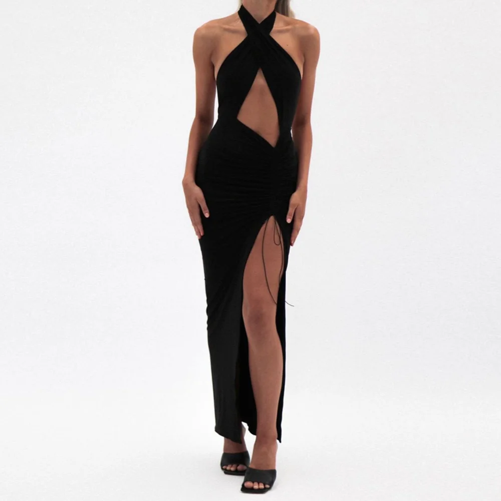 

Sexy White Front Cross Halter Backless Maxi Dress Women Irregular Hollow Out Waist Strappy Ruched Gown Party Dresses Robe Split