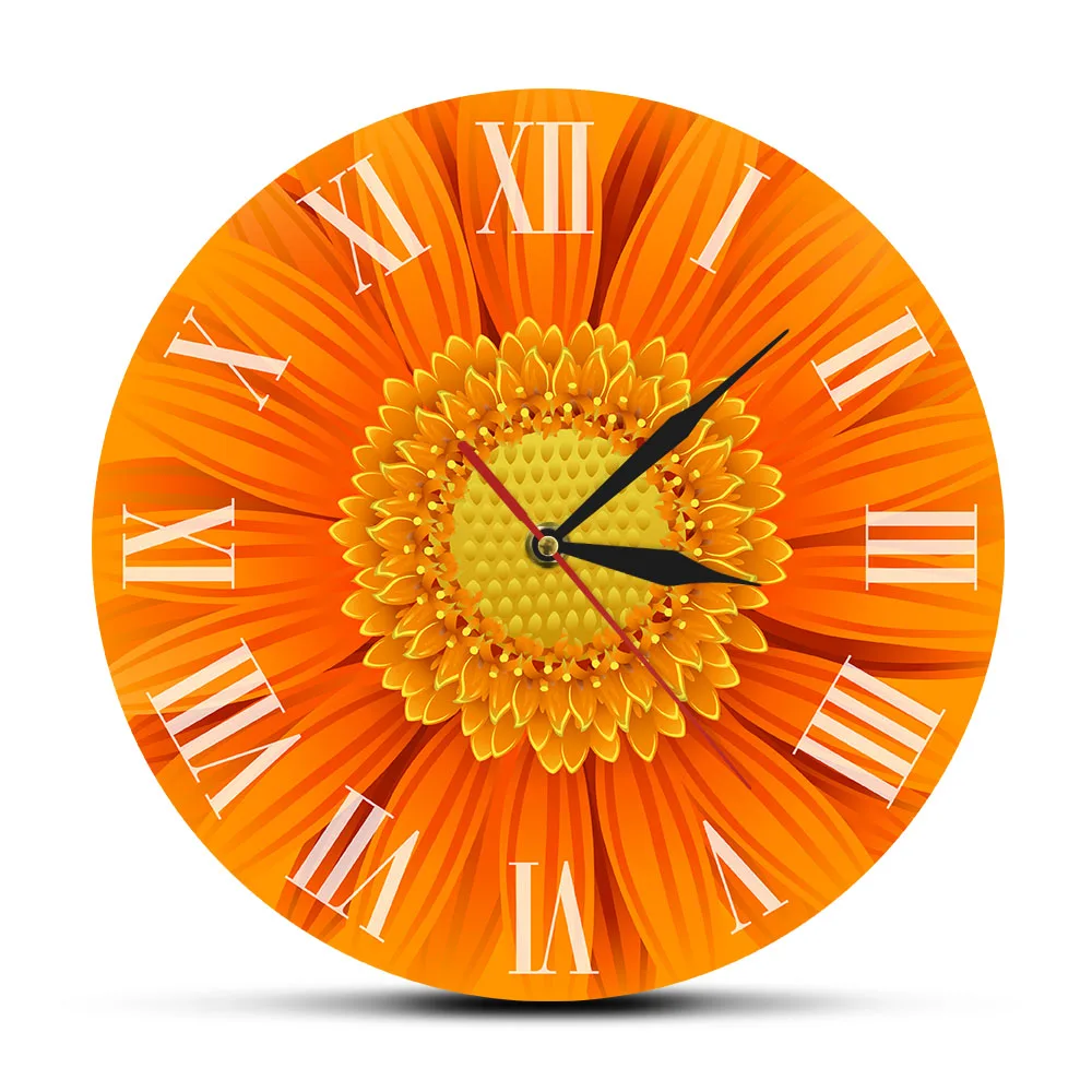 

Close-up of beautiful Orange Gerber Deorative Clock With Roman Numerals Nature Daisy Flower Wreath Wall Art Modern Wall Watch