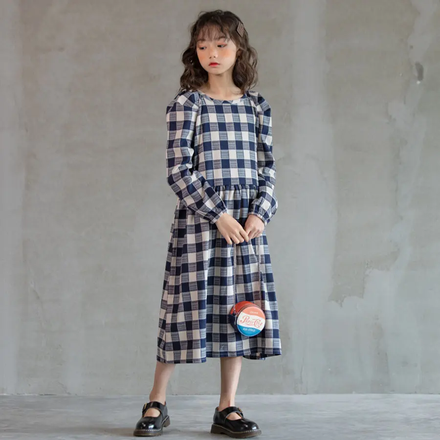

Spring Color Block Cotton Puff Long Sleeve Mid Calf Dress Girls 6-15 Years Fashion O Neck Loose Straight Dresses For Teens Girls