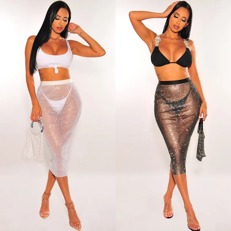 

New women's fashion solid color sexy mesh bright silk skirt