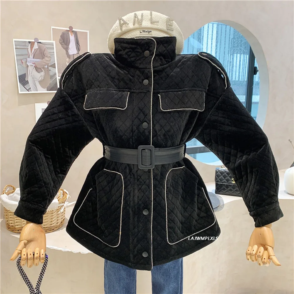 

Korean Black Velvet Winter Jacket Women Fashion Parka Thick Warm Overcoat High Quality Female Loose Down Cotton Coat